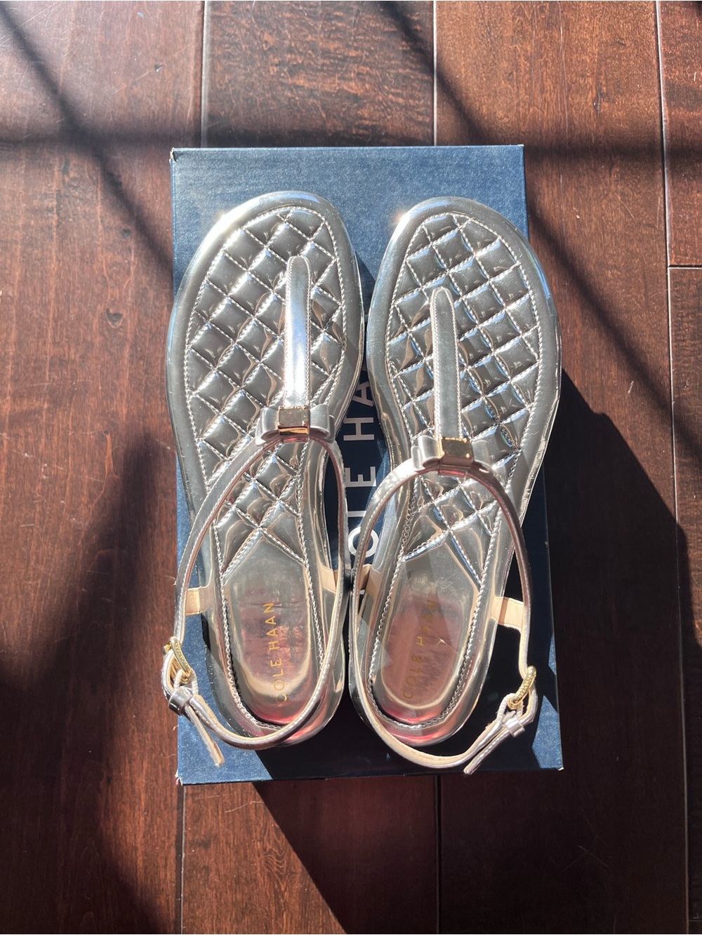 Cole Haan Quilted Metallic Gold T-Strap Sandals